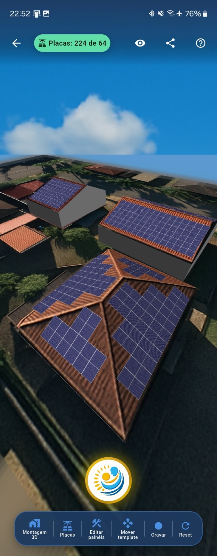 Exemplo de projeto solar 3D com múltiplas águas de telhado