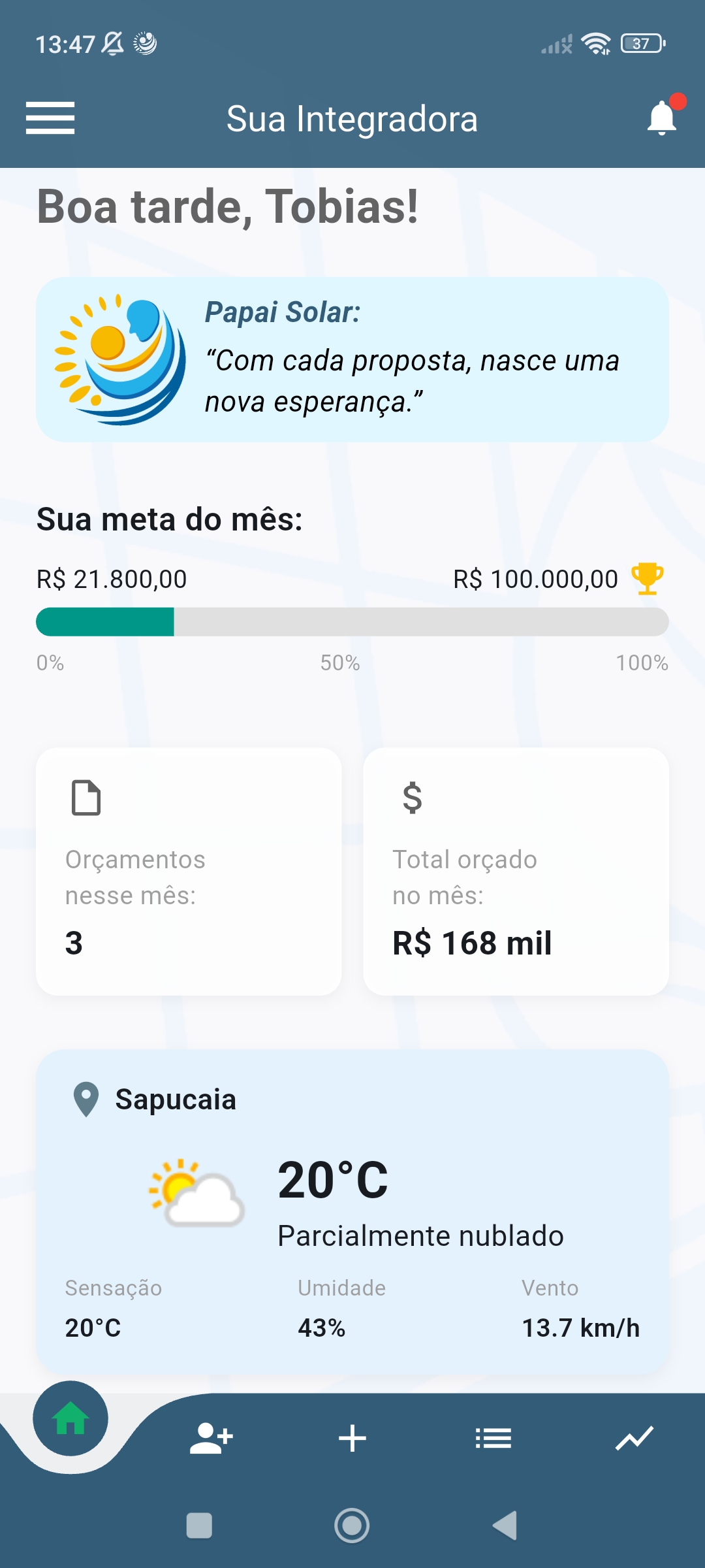 Tela inicial do Papai Solar mostrando metas de vendas e clima em tempo real