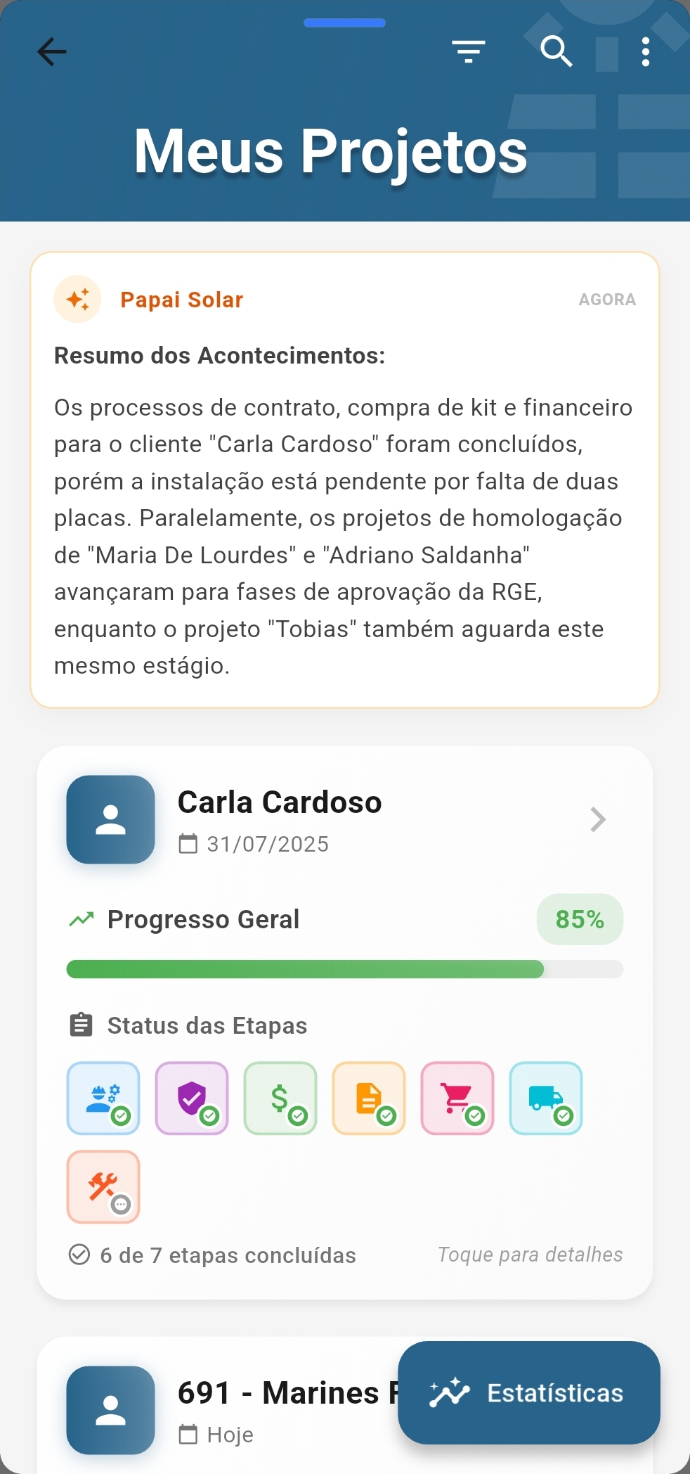 Progresso do Projeto em 71% com informações detalhadas