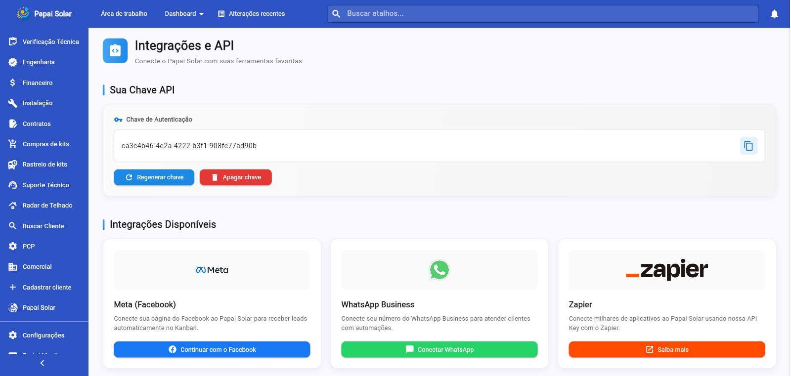 Integrações disponíveis no Papai Solar - Meta, Zapier e WhatsApp