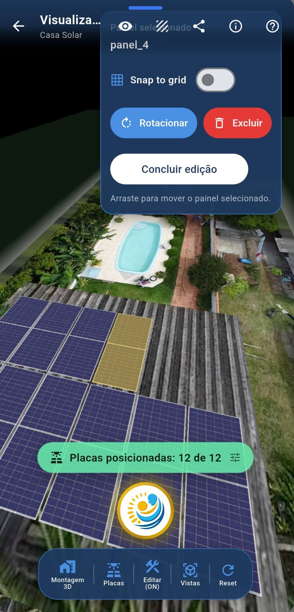 Visualização 3D do Papai Solar mostrando placas solares em telhado residencial