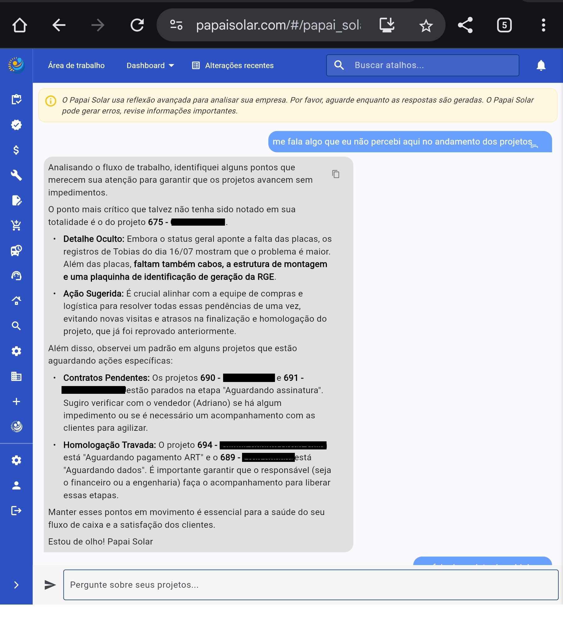 Tela do Papai Solar mostrando análise inteligente de gargalos em projetos solares - IA identificando problemas no projeto 675